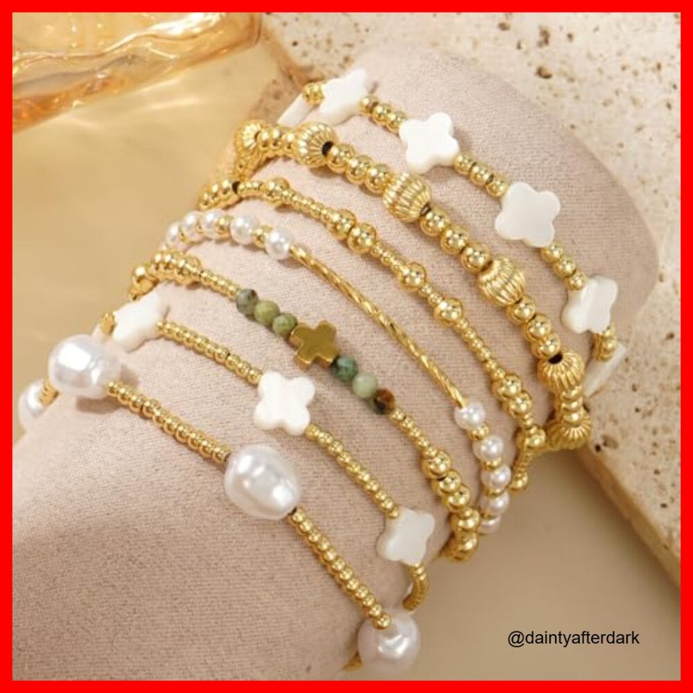 Gold Plated Beaded Stretch Stackable Bracelets Se… - image 4